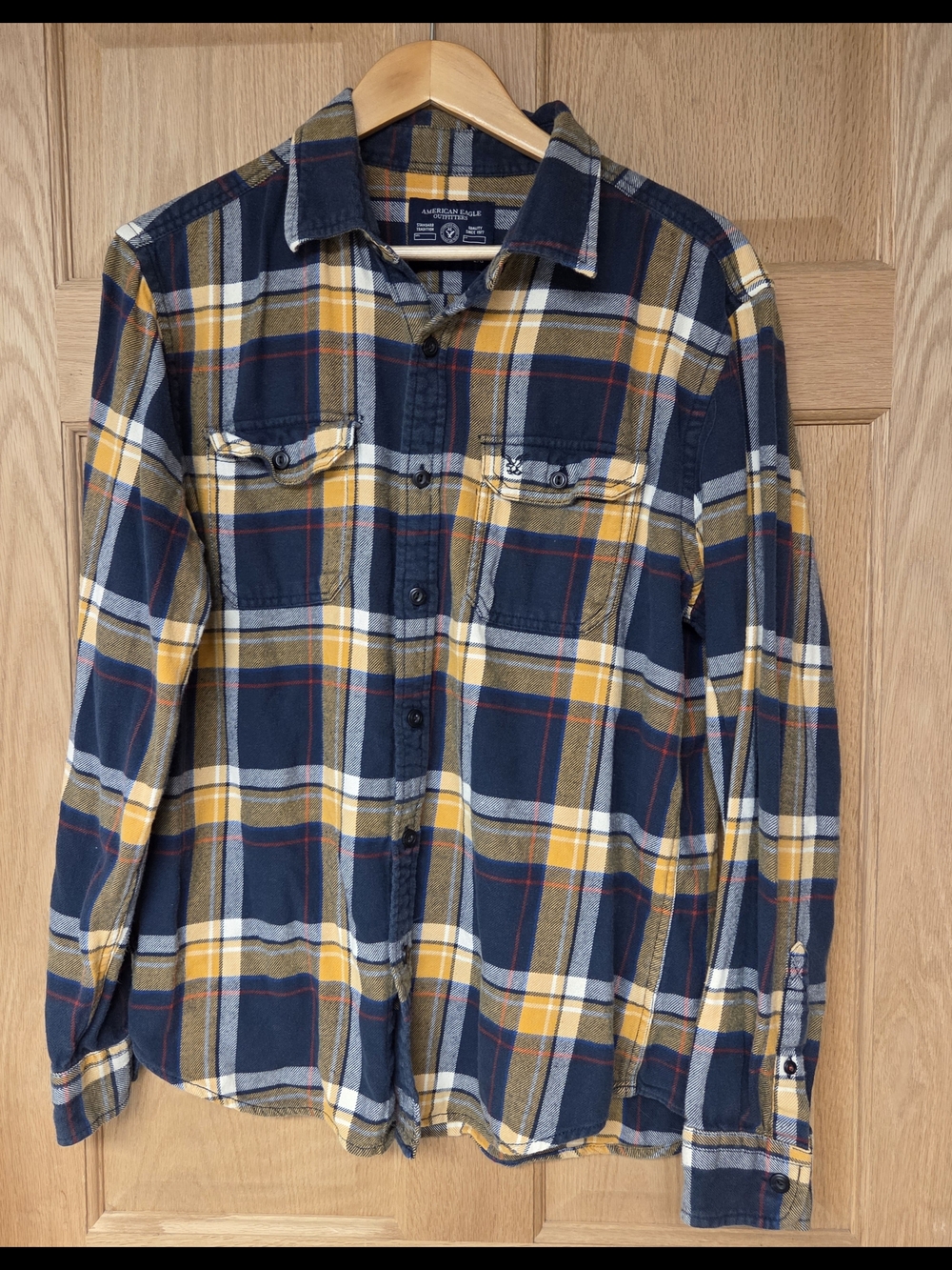 American Eagle Men’s Navy & Yellow‎ Plaid Flannel Shirt Large